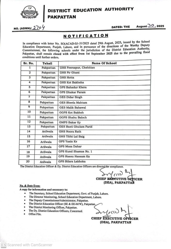 Flood-Induced School Closures in Pakpattan: Key Updates for September 2025