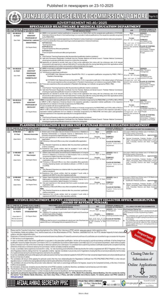 PPSC Stenographer Jobs 2025 – Advertisement No. 40/2025 - Apply Now Online