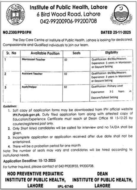 Montessori Teacher Jobs at Institute of Public Health Lahore Day Care Center 2025
