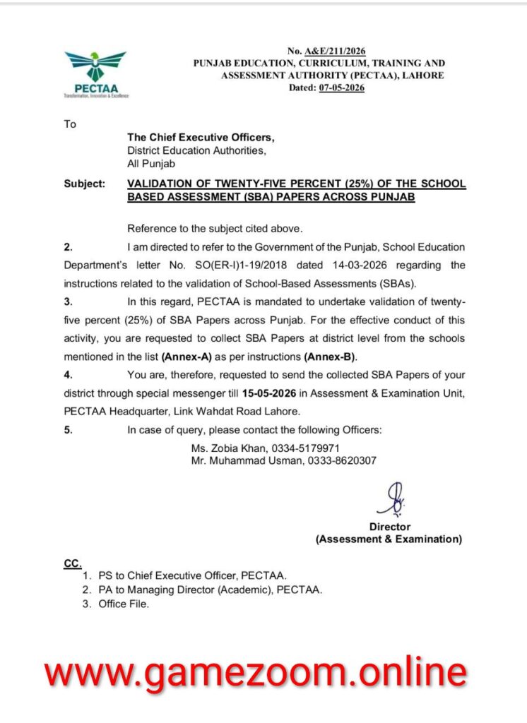 PECTAA Notification: School-Based Assessment (SBA) Validation
