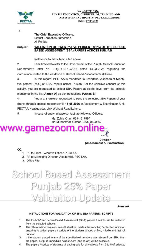 School Based Assessment Punjab 25% Paper Validation Update
